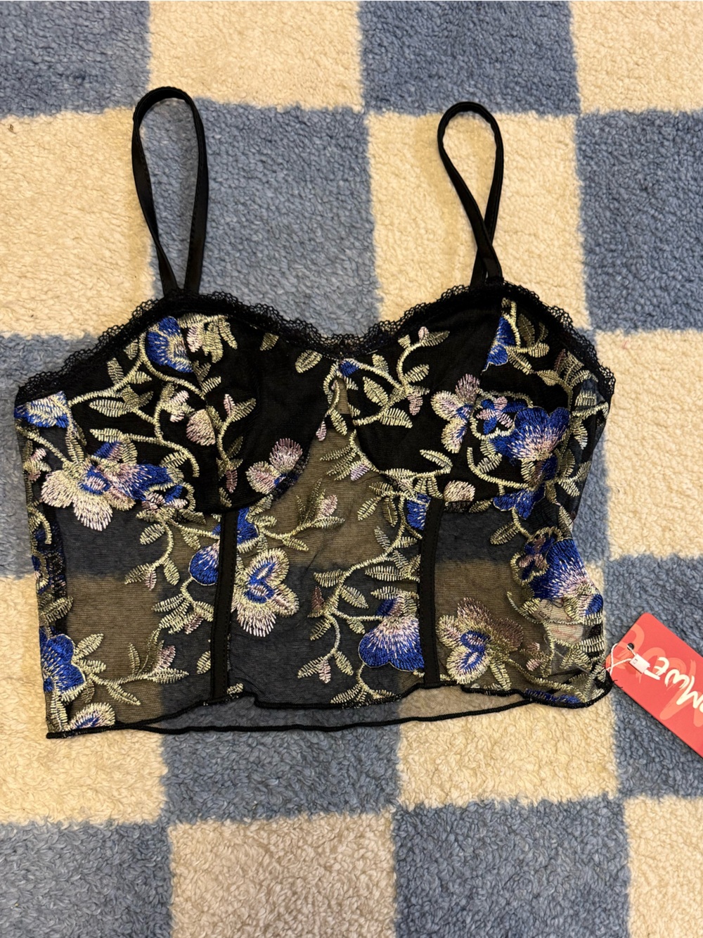 ROMWE Black Sheer Floral Embroidered Bustier with Blue and Green Accents